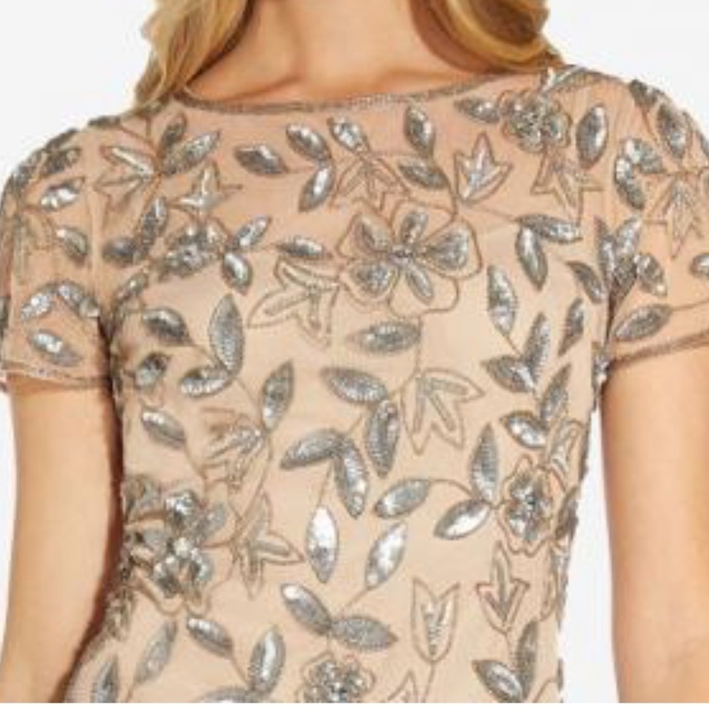 New Adrianna Papell Dress Hand Beaded Short Sleeve Floral Godet Gown Size 14 New - Picture 9 of 11